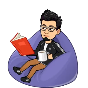 Nayem sitting on a plush, reading a book with coffee